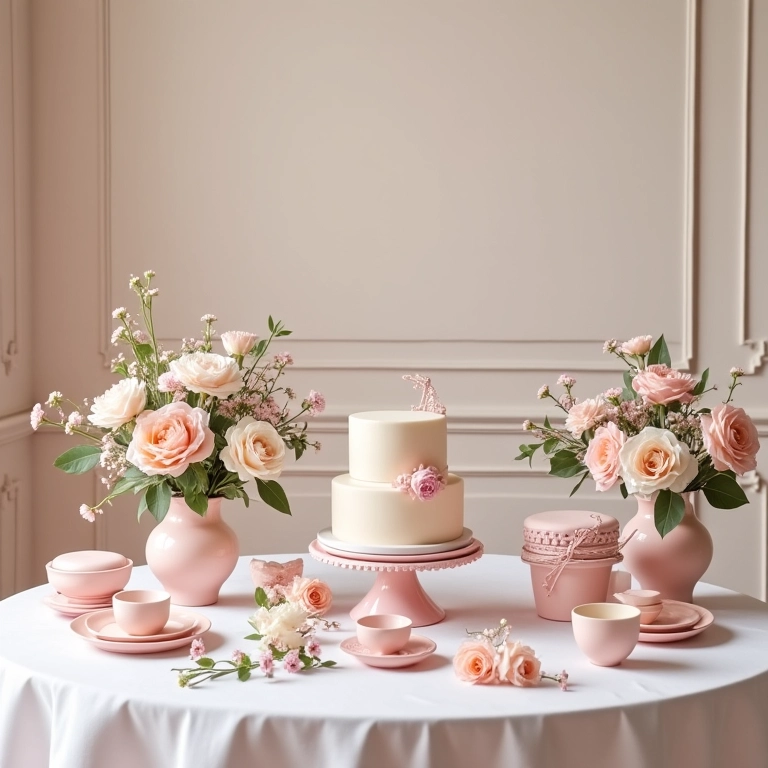 Decoração elegante de chá de panela em tons pastéis com arranjos florais.
