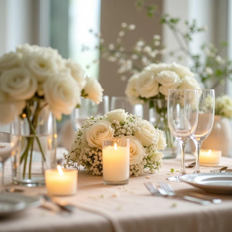 Decoração minimalista e chic de mesa de casamento.
