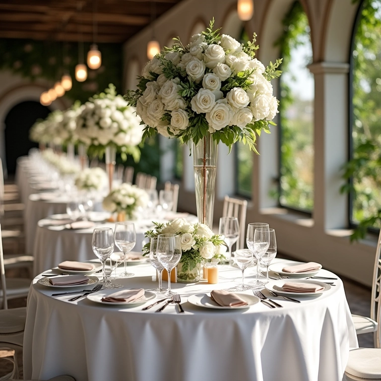 Decoração monocromática branca para recepção de casamento.