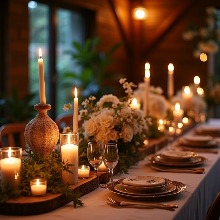 Decoração rústica de casamento em pousada, detalhes em madeira e flores.