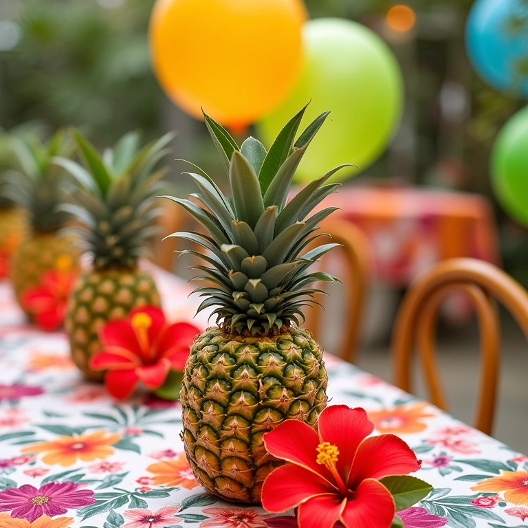 Decoração tropical e vibrante para chá de panela.