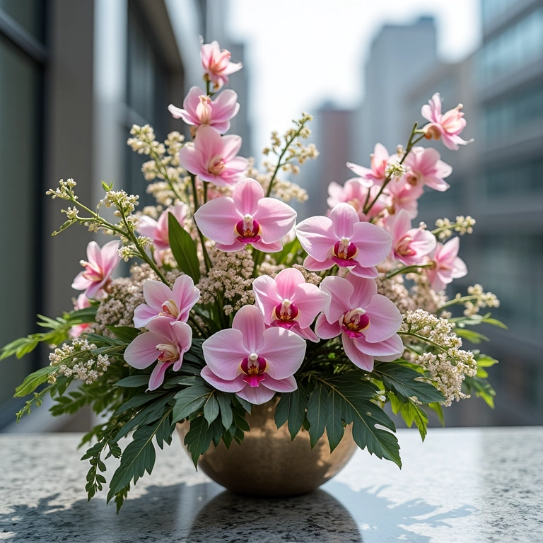 Design floral moderno para casamento com formas geométricas e orquídeas.