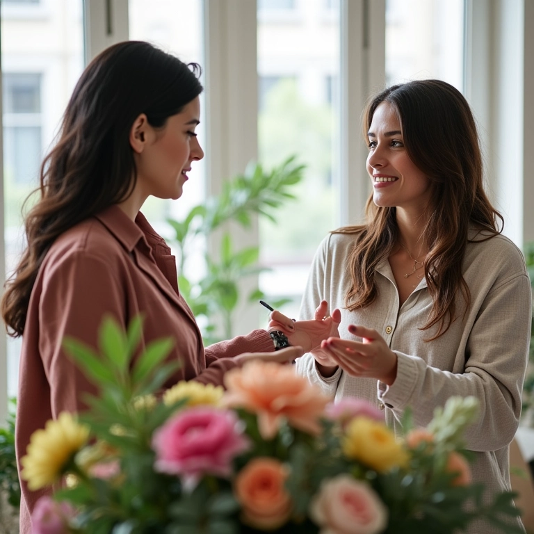 Designer floral consultando cliente sobre arranjos personalizados.