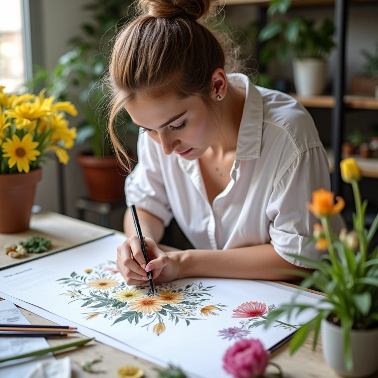 Designer floral criando o projeto floral com inspiração.