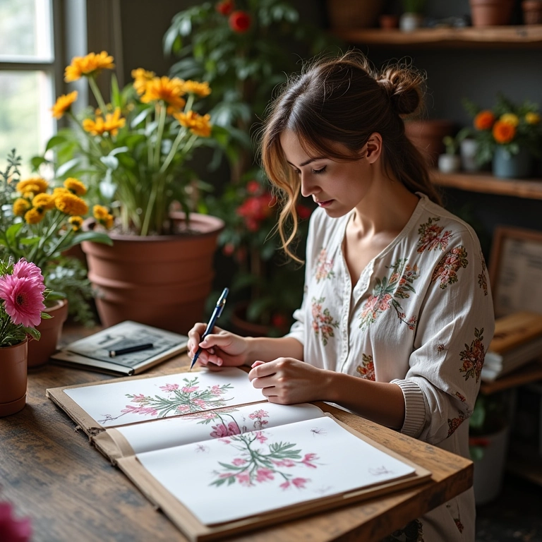 Designer floral esboçando ideias criativas em um estúdio vibrante.