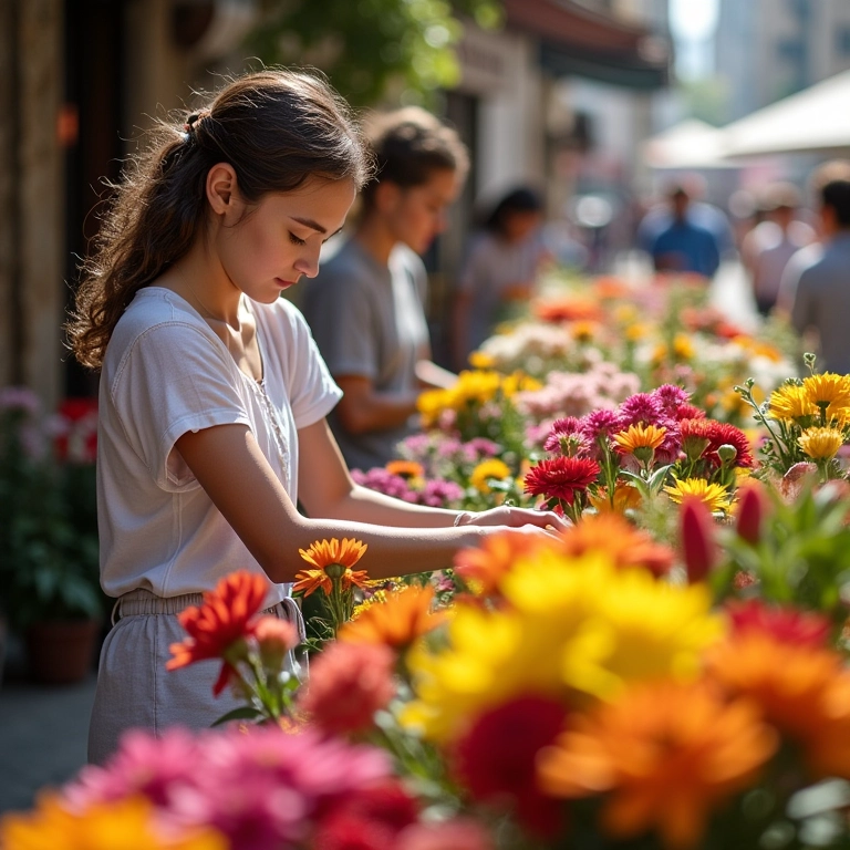 Designer floral escolhendo flores frescas em um mercado vibrante.