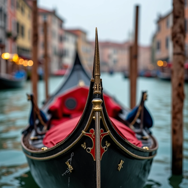 Detalhe da decoração de uma gôndola tradicional em Veneza, com canais ao fundo.