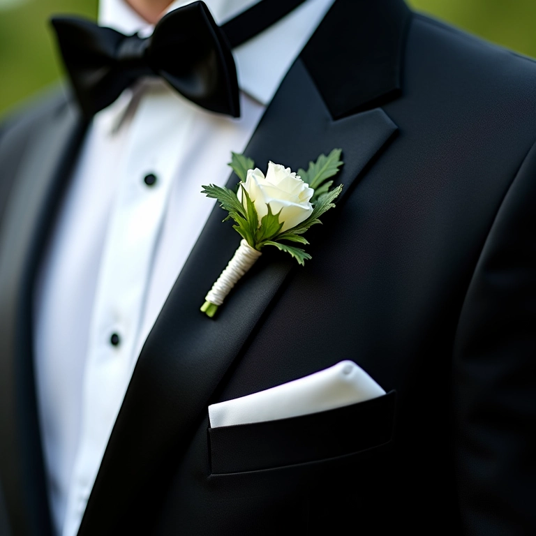 Detalhe da lapela de um smoking com tecido acetinado e boutonniere.