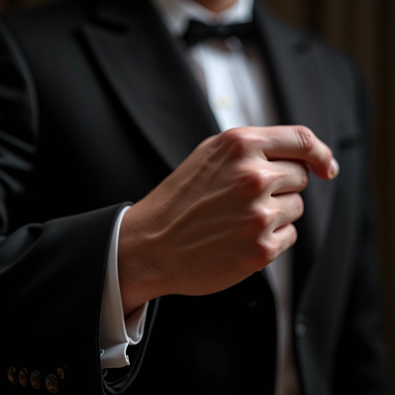 Detalhe da mão de um noivo tocando o tecido de lã de um smoking.