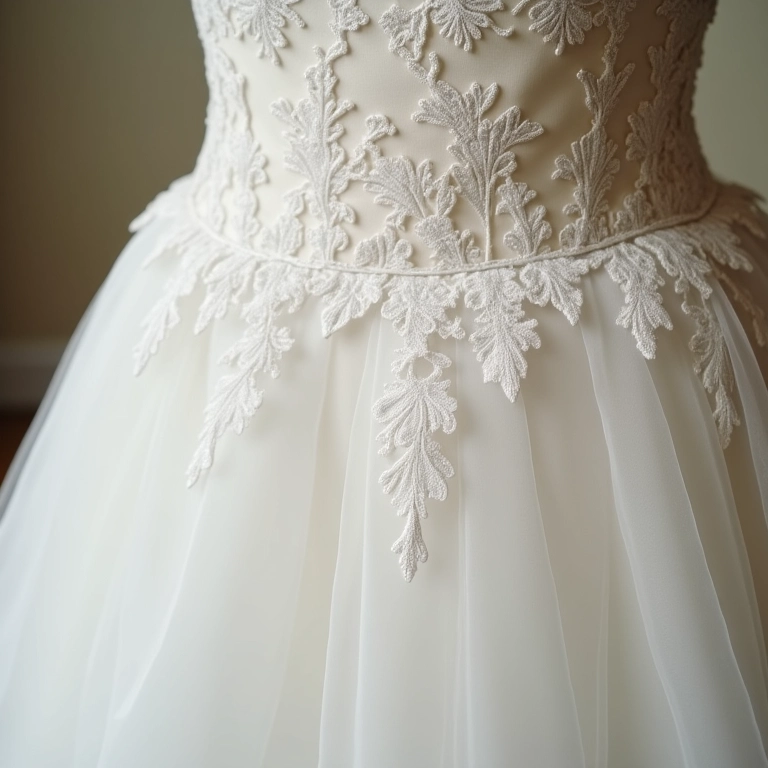 Detalhe da renda em saia removível de vestido de noiva