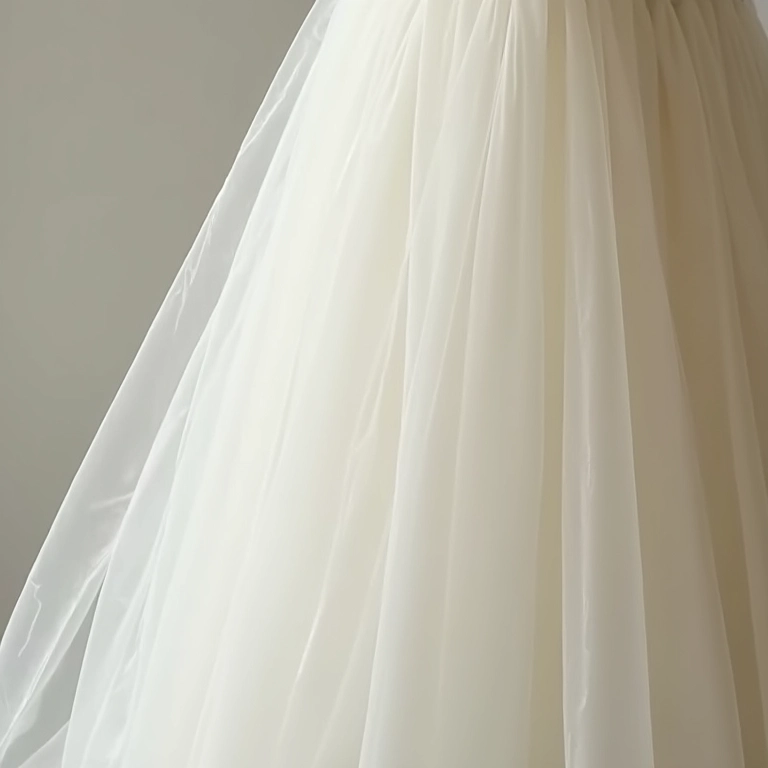 Detalhe da saia de tule sendo removida de um vestido de noiva