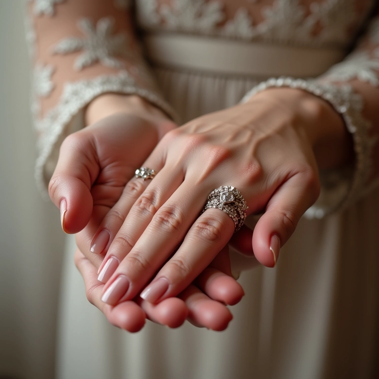 Detalhe das mãos da mãe da noiva com joias delicadas.