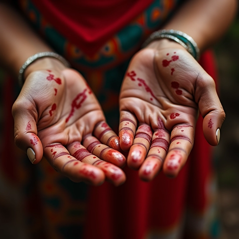 Detalhe das mãos da noiva com pintura tradicional indígena em casamento com pajelança.