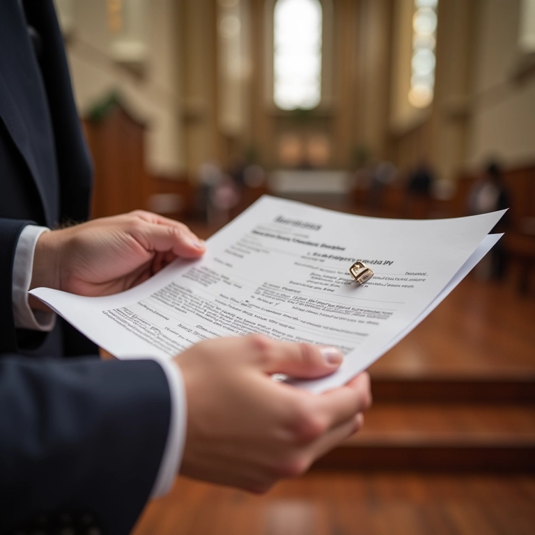 Detalhe das mãos segurando documentos de casamento religioso com efeito civil e alianças.