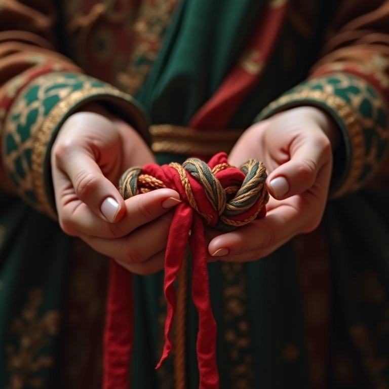 Detalhe das mãos sendo unidas por fitas coloridas durante um handfasting.