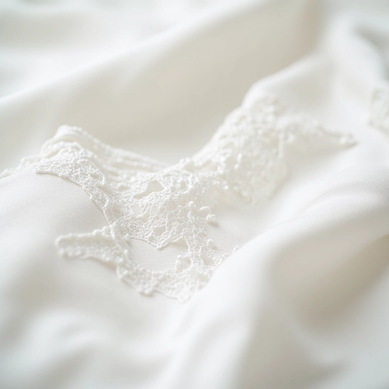 Detalhe de lingerie branca de seda, com foco na textura suave do tecido.