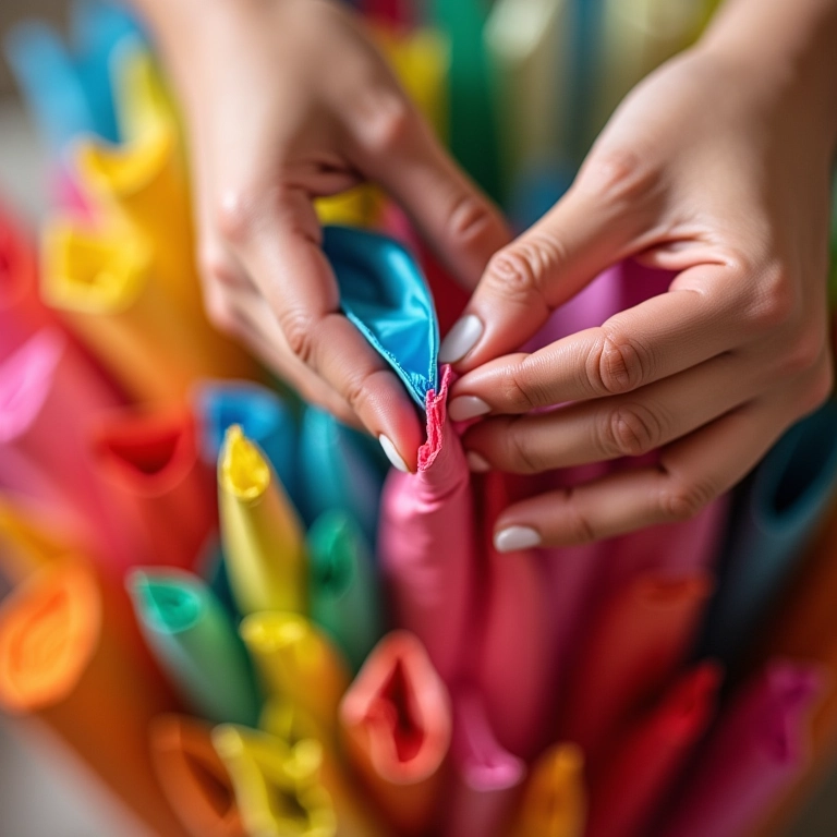 Detalhe de mãos escolhendo papéis coloridos para origami.