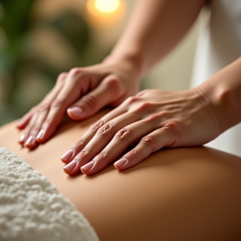 Detalhe de massagem relaxante, mostrando mãos e óleos essenciais.