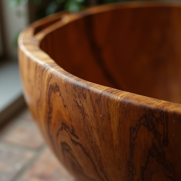 Detalhe de um ofurô de madeira artesanal, exibindo sua beleza natural.