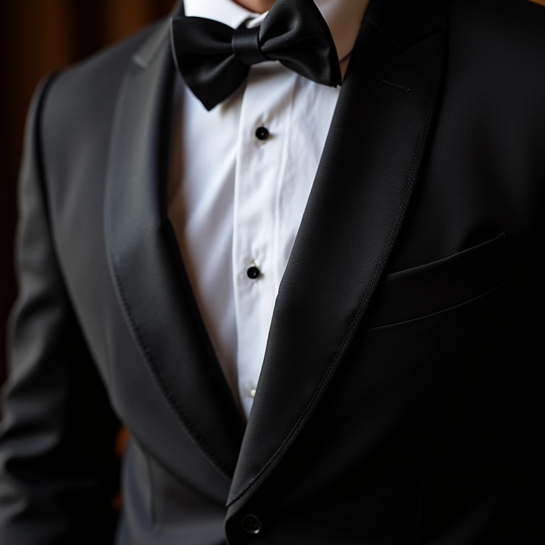 Detalhe de um smoking Ricardo Almeida, mostrando o tecido e o acabamento.