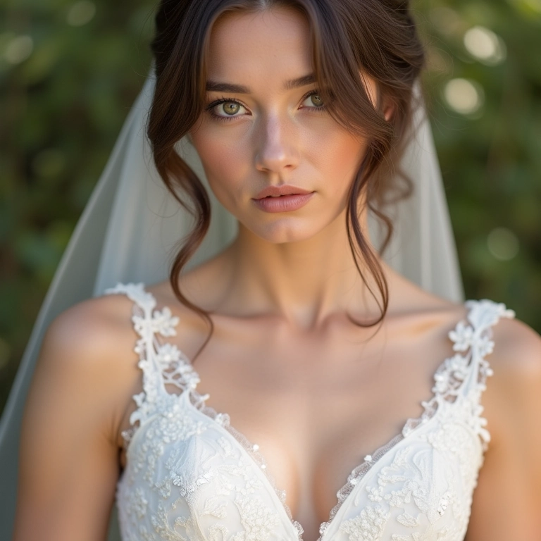 Detalhe do vestido de noiva elegante e sofisticado.