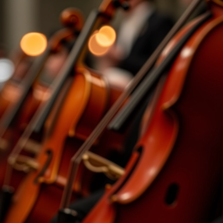 Detalhe dos instrumentos de corda de uma orquestra para casamento.