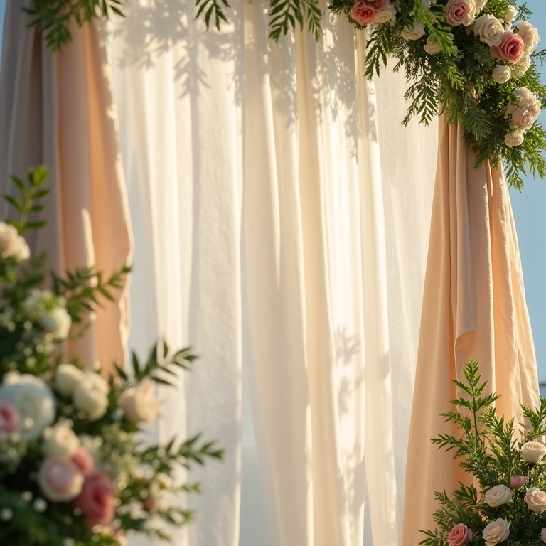 Detalhes da Chuppah, o altar sagrado em casamento judaico, com flores e tecidos.