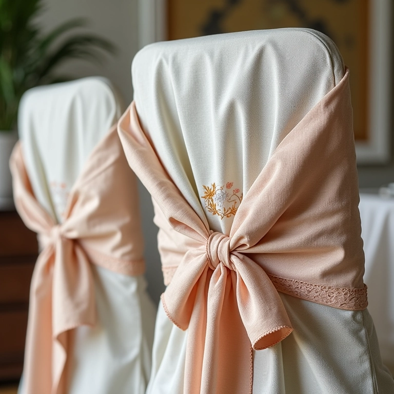 Detalhes de bordados, rendas e fitas em capas de cadeira.