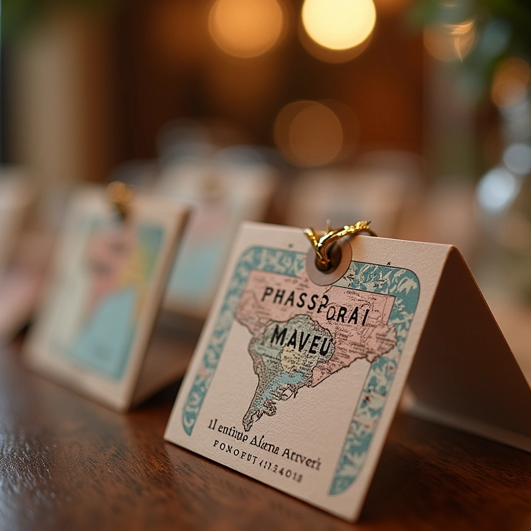 Detalhes de casamento com tema de viagem: cartões de lugar em formato de passaporte e etiquetas de bagagem.