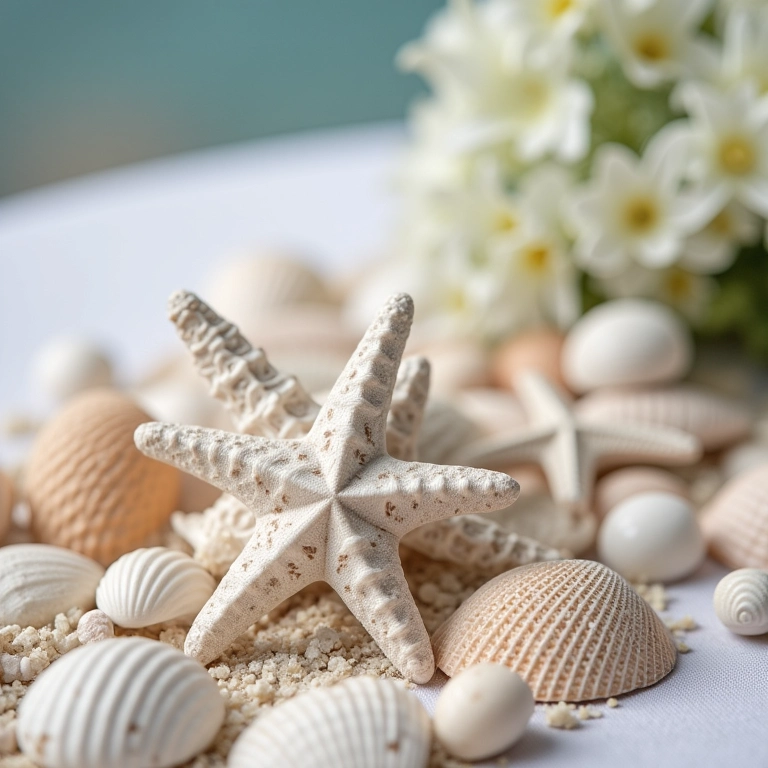 Detalhes de casamento na praia: conchas e estrelas do mar.