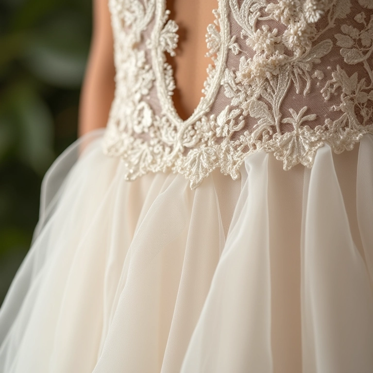 Detalhes de tecidos luxuosos para vestidos de noiva sob medida: seda, renda e cetim.