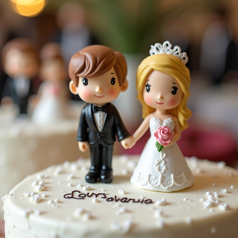 Detalhes de toppers criativos em bolo de casamento.