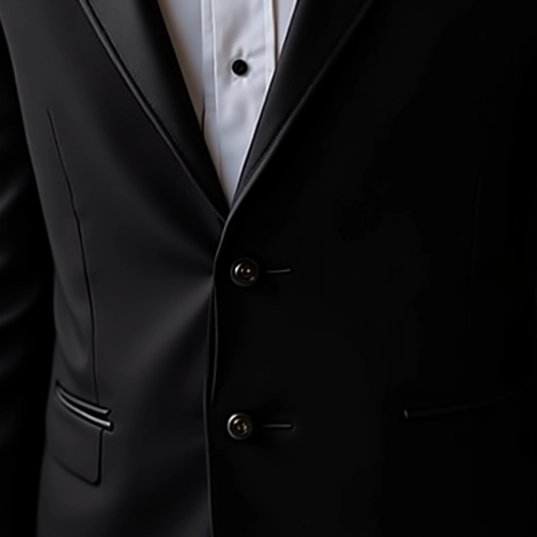 Detalhes de um paletó de smoking: botões, bolsos e textura do tecido.