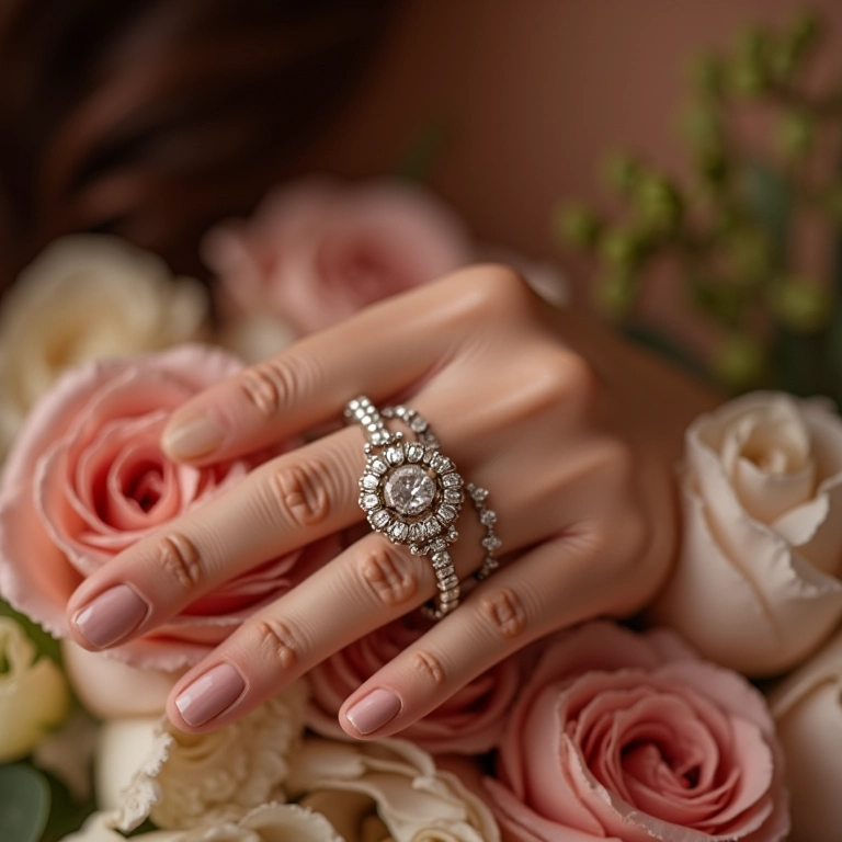 Detalhes do making of: joias, flores e perfume.