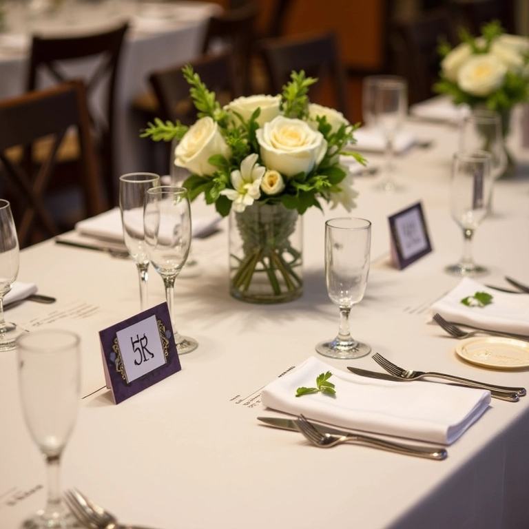 Detalhes personalizados como marcadores de lugar, monogramas e guardanapos customizados em mesa retangular.