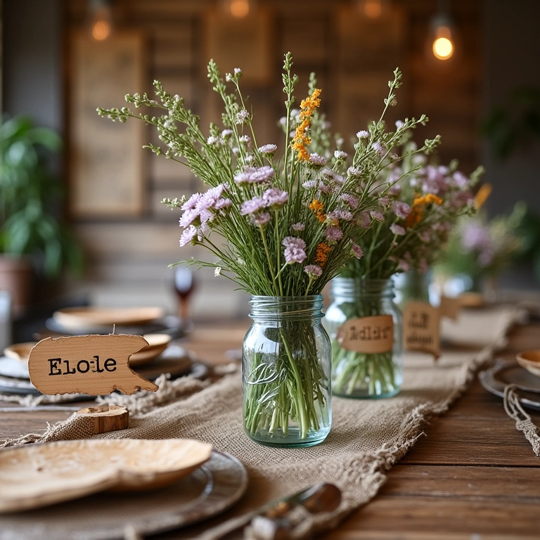 Detalhes rústicos do estilo boho: madeira, juta e flores.