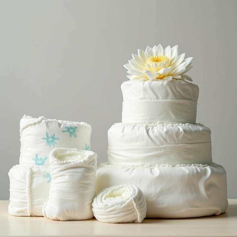 Diferentes tamanhos de fraldas ao lado de um bolo de fraldas pronto.