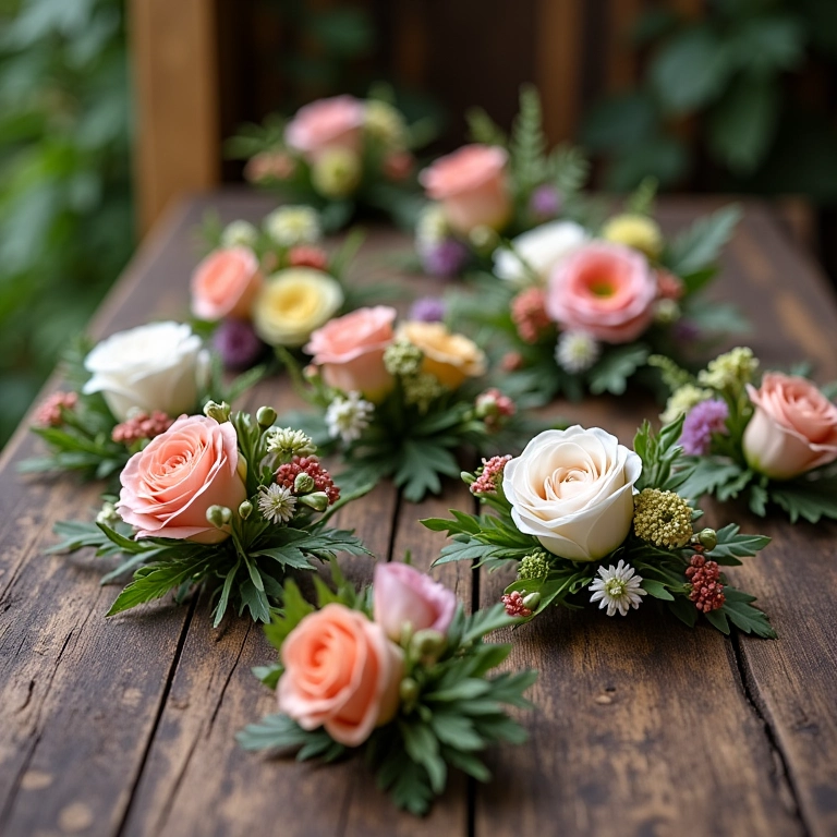Diversos corsages florais em uma mesa rústica de madeira.