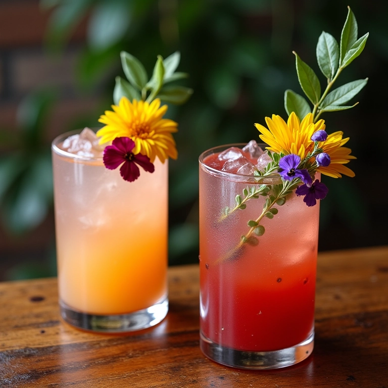 Drinks criativos decorados com flores comestíveis, frutas e ervas.