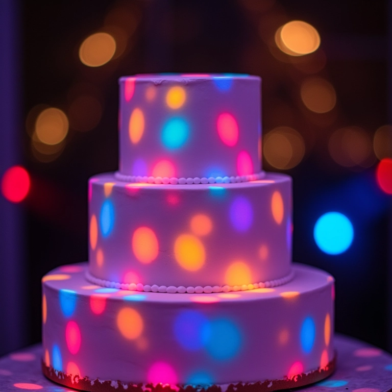 Efeitos de luz coloridos projetados em um bolo de casamento.