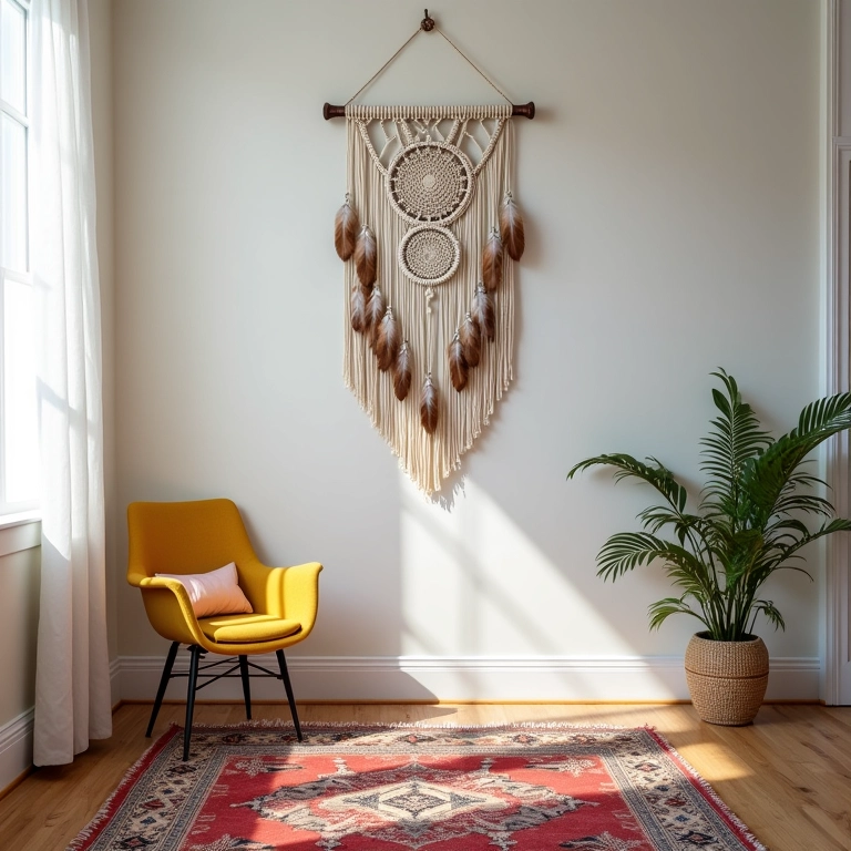 Elementos que definem o estilo boho: macramê, filtro dos sonhos.