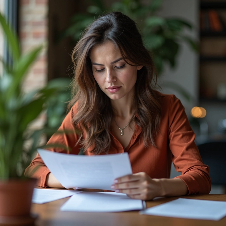 Empresária analisando documentos de empresa aberta no casamento.