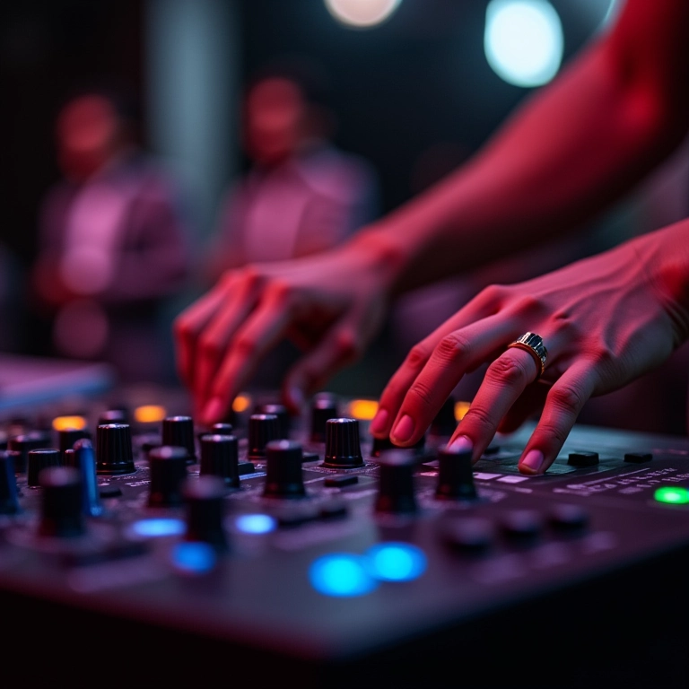 Engenheiro de som ajustando a mesa de som durante um casamento.