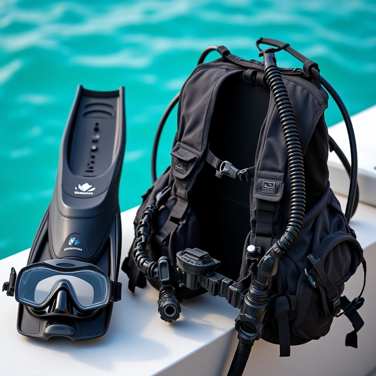 Equipamento de mergulho organizado em um barco, pronto para uso.