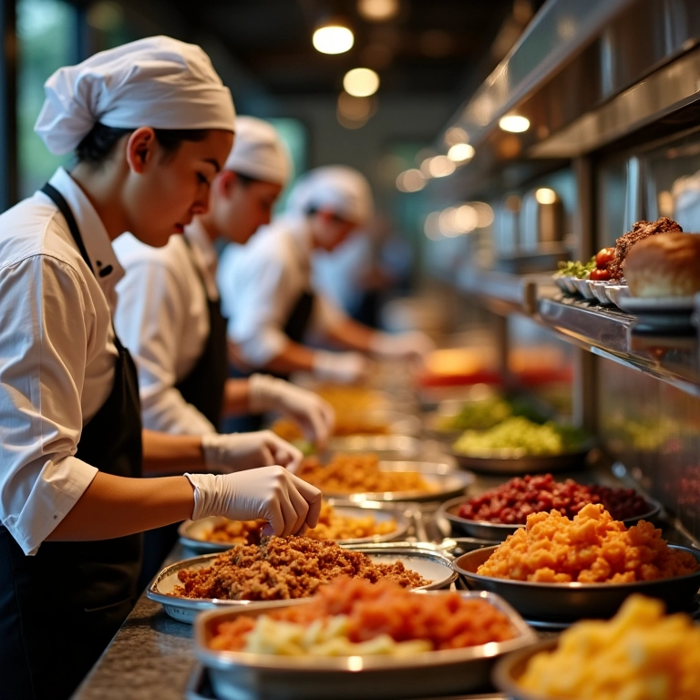 Equipe de catering montando um buffet americano.