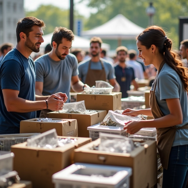 Equipe entregando e retirando louças no local do evento.
