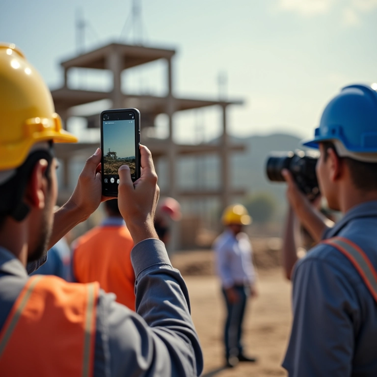 Equipe fotografa e filma local em visita técnica.