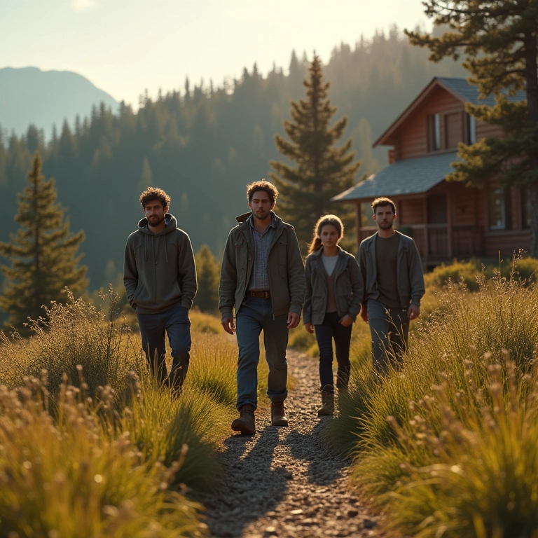 Escapada rural para uma despedida de solteiro com amigos em uma cabana, trilhas na natureza e ambiente relaxado.