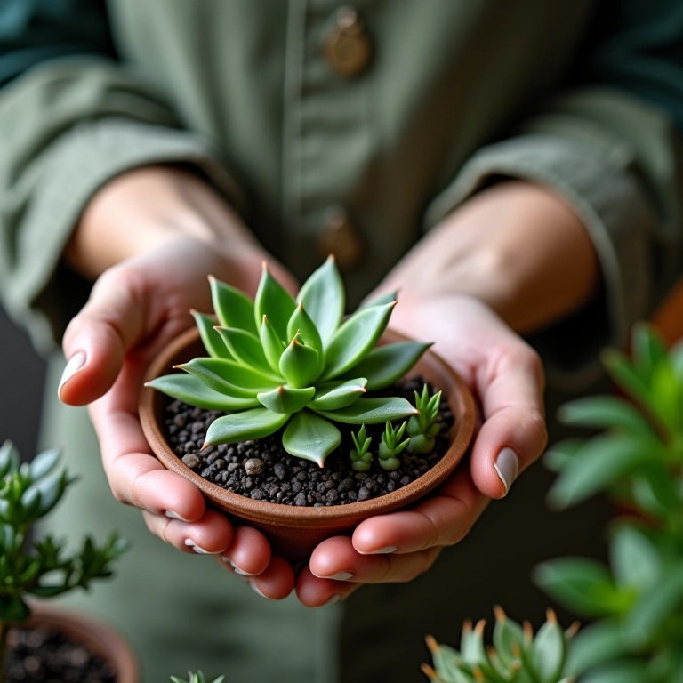 Especialista arrumando suculentas para lembrancinhas.