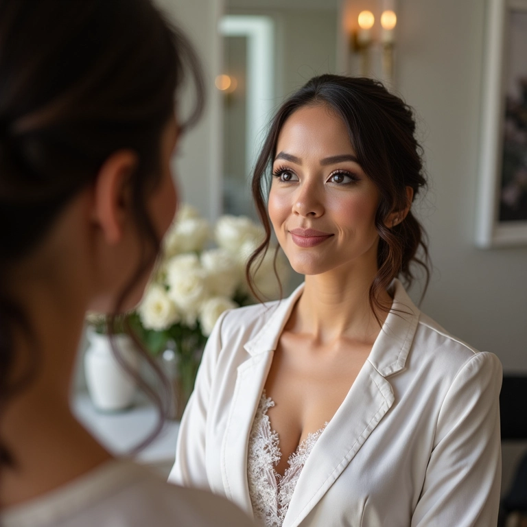 Especialista dando dicas no camarim de noiva.